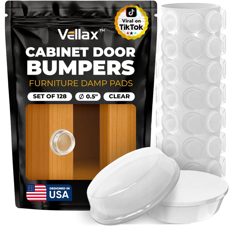 Vellax 128 Clear Cabinet Door Bumpers - 1/2 Inch Self Adhesive Rubber Stoppers for Drawers, Damp Pads Cupboards, Cutting Boards, Glass Tops, Picture Frames - Vellax - Image 1